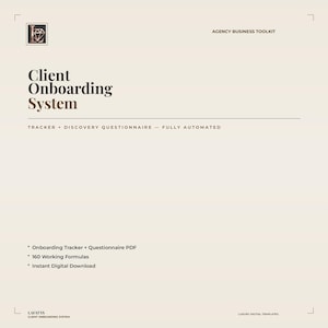 May include: A beige digital document titled Client Onboarding System, Agency Business Toolkit. It includes a tracker, discovery questionnaire, 160 working formulas, and instant digital download. The logo features a diamond icon with the letters L and Z.
