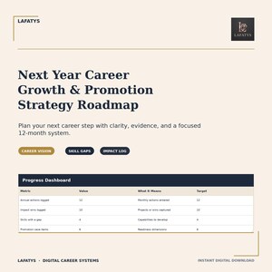 May include: A digital career growth and promotion strategy roadmap document by LAFATYS. It features a progress dashboard with metrics for annual actions, impact wins, skill gaps, and promotion case items, alongside sections for career vision, skill gaps, and impact log.
