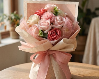 Pink Rose Carnation Soap Flower Bouquet, Mother's Day Gift for Mom, Everlasting Scented Floral Arrangement, Gift Ready Bouquet for Her