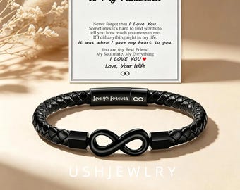 Personalized Infinity Leather Bracelet for Husband, Custom Engraved "Love You Forever" Braided Black Leather Cuff, Valentine’s Day Gift