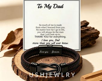 To My Dad Bracelet Personalized Infinity Leather Band Custom Engraved Gift for Him Magnetic Clasp Mens Wristband Fathers Day Birthday