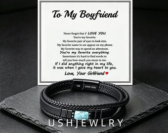 To My Boyfriend Custom Engraved Bracelet Turquoise Leather Multi Layer Braided Trendy Gift for Him