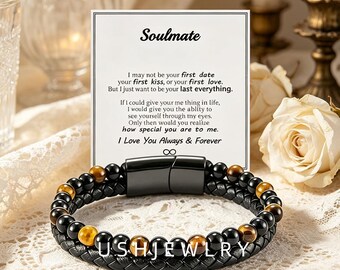 To My Soulmate Personalized Blue Lava Stone Bracelet, Custom Engraved Tiger Eye Bead Bracelet for Him