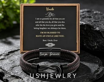 To My Uncle Custom Engraved Bracelet Black Leather Braided Magnetic Knot Mens Gift