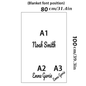 May include: A white rectangular blanket with black text. The blanket measures 31.4 inches wide and 39.3 inches long. The text includes the names "Noah Smith" and "Emma Garcia", along with the labels "A1", "A2", and "A3".