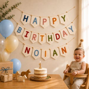 May include: A birthday banner with off-white fabric pennants spelling HAPPY BIRTHDAY NOIAN in colorful felt letters, hanging above a table with a small cake topped with a number one candle, wooden animal figures, and light blue and cream balloons.