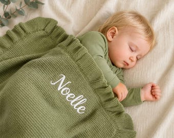Personalized Embroidered Knit Baby Blanket, Organic Cotton Heirloom Nursery Keepsake
