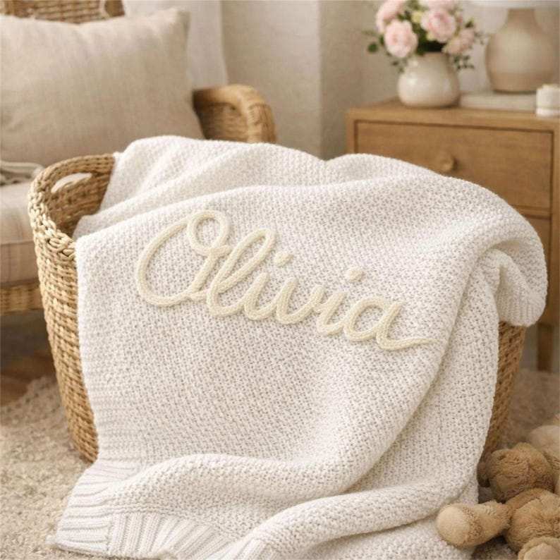 May include: A cream-colored knitted blanket with the name "Olivia" embroidered in a cursive font. The blanket is folded over a wicker basket, suggesting a cozy, homey theme. The blanket's texture is visible, and the overall aesthetic is soft and inviting.