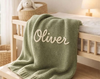 Personalized Hand-Embroidered Knit Baby Blanket, Organic Cotton Heirloom Nursery Keepsake