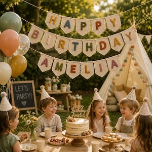 Peut inclure: Une banderole d'anniversaire composée de fanions en tissu crème avec des lettres brodées épelant 'HAPPY BIRTHDAY AMELIA' en plusieurs couleurs, suspendue par une ficelle au-dessus d'une table avec un gâteau et des décorations.