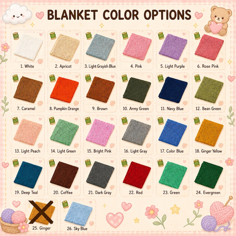 May include: A color chart displays 26 knitted blanket color options, including white, pink, blue, green, and brown. The text "BLANKET COLOR OPTIONS" is at the top. Each color is numbered and presented as a small square.