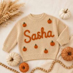 May include: A beige long-sleeve knit sweater featuring the name Sasha embroidered in orange yarn across the center. The sweater is decorated with small, raised orange pumpkin motifs with green stems scattered across the front panel.