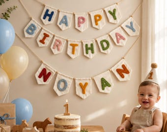 Happy Birthday Banner Garland, Custom Name Wall Hanging Party Decor, Felt Birthday Garland, Handmade Birthday Bunting, Party Bunting,3D Yarn
