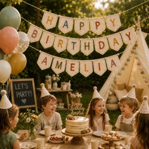 Peut inclure: Une banderole en tissu crème aux bords festonnés épelant Happy Birthday Amelia en lettres brodées multicolores, suspendue par une ficelle. La banderole comporte de petites perles en bois entre chaque fanion.