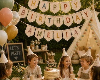 Guirlande « Joyeux anniversaire », décoration murale personnalisée avec nom, guirlande d'anniversaire en feutrine, fanion d'anniversaire fait main, guirlande de fête, fil 3D