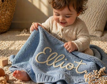 Personalized Hand-Embroidered Knit Baby Blanket, Organic Cotton Heirloom Newborn Gift Baby Shower, Custom Name Baby Blanket,Nursery Keepsake