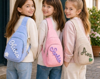 Borsa a tracolla personalizzata per bambini, borsa a spalla personalizzata per neonati, mini borsa a tracolla in velluto a coste, regalo di compleanno per bambini e bambine, borse per il doposcuola per bambini