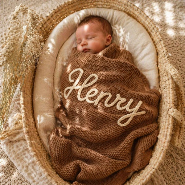 Personalized Hand-Embroidered Knit Baby Blanket, Organic Cotton Heirloom Nursery Keepsake