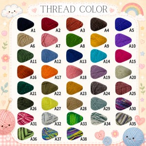 May include: A color chart labeled "THREAD COLOR" displays 38 yarn colors, each with a corresponding code (A1-A38). The yarn colors include shades of blue, red, green, yellow, purple, orange, and neutral tones. The image has a cute, whimsical design.