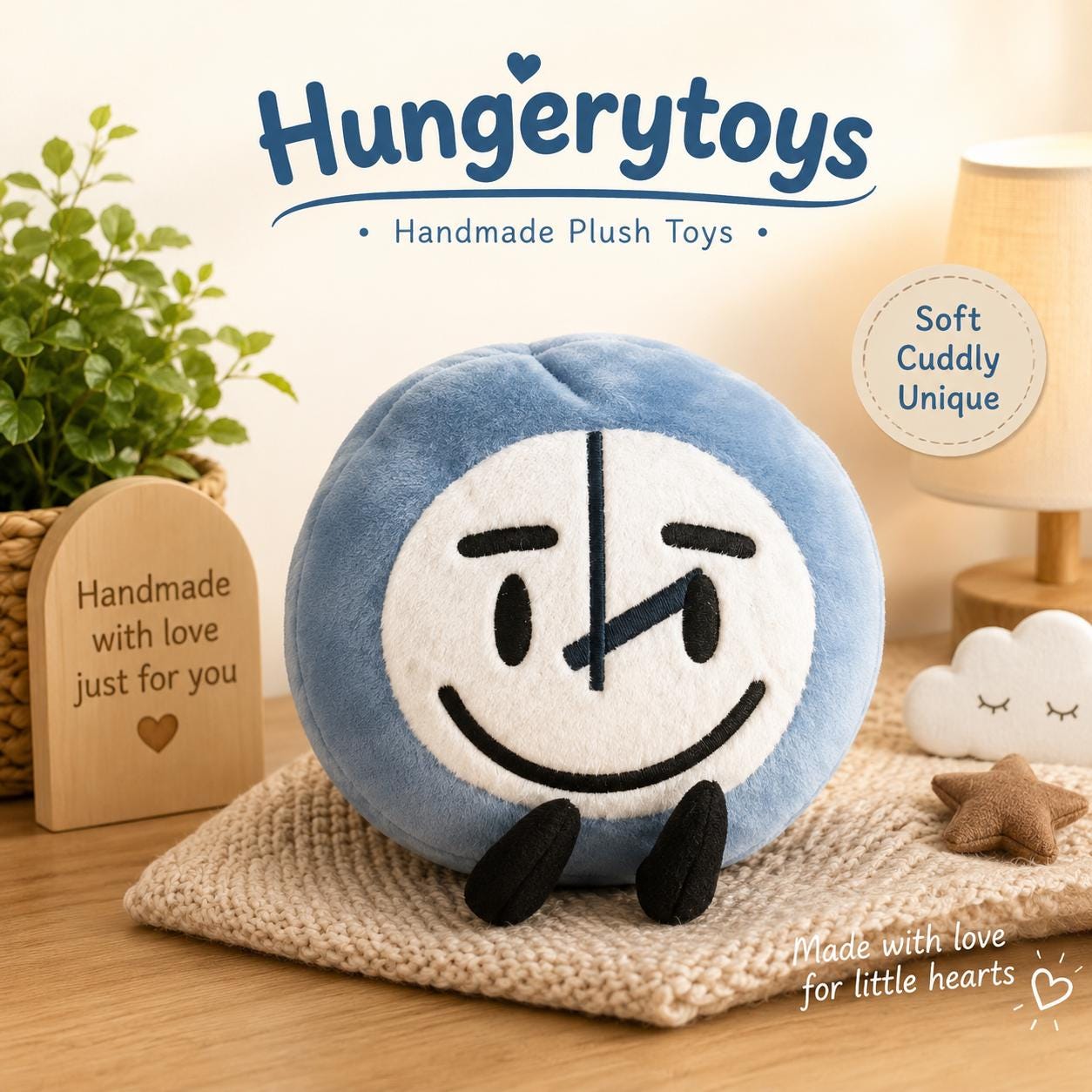 Blue Clock Plushie, Smiling Time Character Stuffed Toy, Cute Kawaii ...
