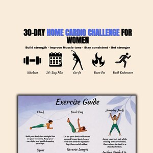 Könnte beinhalten: Ein Fitness-Guide mit dem Titel "30-DAY HOME CARDIO CHALLENGE FOR WOMEN." Der Guide enthält Illustrationen von Übungen wie Plank, Dead Bug, Jumping Jacks, Kniebeugen, Reverse Lunges und Incline Push-Ups. Symbole für Training, 30-Tage-Plan, Fit werden, Fett verbrennen und Ausdauer aufbauen sind ebenfalls enthalten.