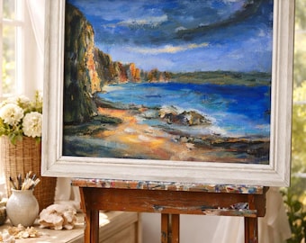 Paisagem costeira à beira-mar – pintura original, arte marinha pintada à mão, pintura moderna em tela com atmosfera mediterrânea.