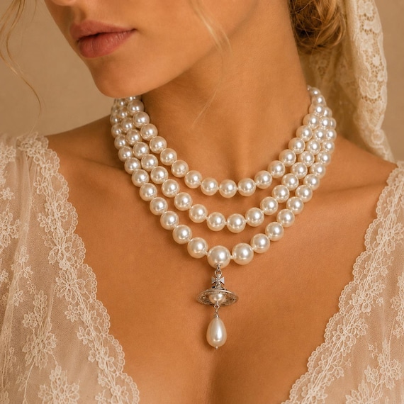 Vintage Multi-Layer Faux Pearl Necklace, Bridal Wedding Statement Choker, Romantic Bridesmaid Jewelry