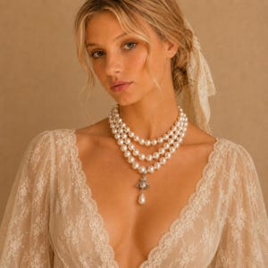 Vintage Multi-Layer Faux Pearl Necklace, Bridal Wedding Statement Choker, Romantic Bridesmaid Jewelry image 4