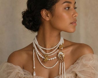 collier de perles multibrins vintage, tour de cou ange camée, fausse perle, bijoux de style néo-victorien dorés