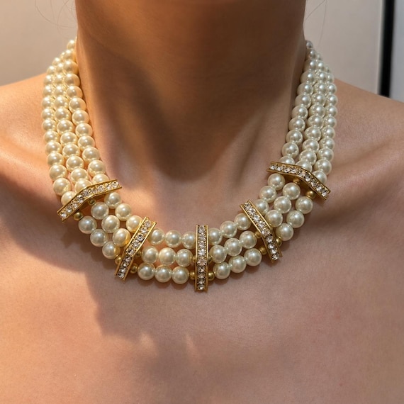 Vintage Multi Strand Faux Pearl Necklace, Crystal Detail, Bridal Statement Jewelry