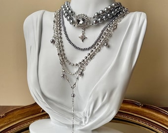Vintage Graue Perle Layered Halskette, Gothic Silber Stern Choker, Y-Drop Statement Piece