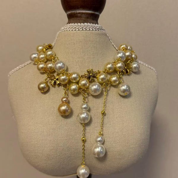 Vintage-Inspired Faux Pearl Statement Necklace, Gold-Tone Floral Choker, Dangling Pearl Drops