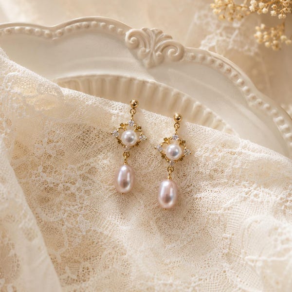 Pink Freshwater Pearl Drop Earrings, Vintage Gold Bridal Jewelry, Romantic Wedding Style