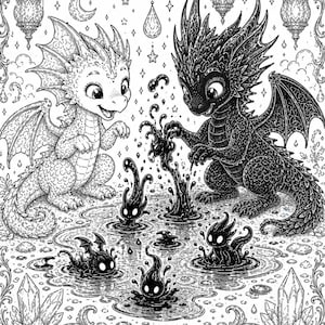 以下が含まれることがあります： 白黒のファンタジーイラスト。明るいドラゴンと暗いドラゴンの2匹が、水辺で暗い塊のような生き物と交流している様子が描かれています。月、星、クリスタルのような装飾要素で画像が縁取られています。