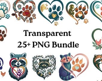 Paquete de más de 25 imágenes PNG de huellas de animales con forma de corazón, imágenes PNG para amantes de las mascotas, imágenes prediseñadas de huellas de animales de granja, mapache, zorro, tigre, vaca, pollo, descarga de diseño para sublimación.