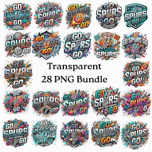 May include: A collection of 28 PNG graphics featuring the words "GO SPURS GO" in various colorful designs. The graphics include basketballs, stars, and the San Antonio Spurs logo, perfect for sports fans.