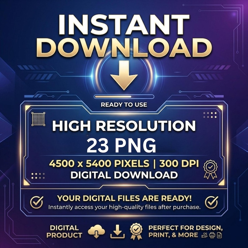Puede incluir: Un gr&aacute;fico de producto digital con fondo azul oscuro y texto dorado. Incluye las palabras INSTANT DOWNLOAD, HIGH RESOLUTION, 23 PNG, 4500 x 5400 PIXELS, 300 DPI, DIGITAL DOWNLOAD, YOUR DIGITAL FILES ARE READY, DIGITAL PRODUCT y PERFECT FOR DESIGN, PRINT, & MORE.