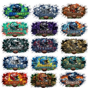 American football helmet PNG bundle featuring colorful team-inspired sports graphics and game day artwork.