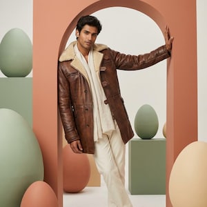 B3-jas van schapenvacht voor heren: verweerd bruin leren pilotenjack, winter pilotenbomberparka, warme, met bont gevoerde lange trenchcoat