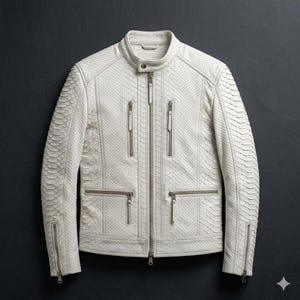 Chaqueta estilo café racer para hombre, de piel de pitón blanca repujada - Abrigo de estilo motero de lujo con piel exótica, corte ajustado y estilo urbano, con cremalleras plateadas.