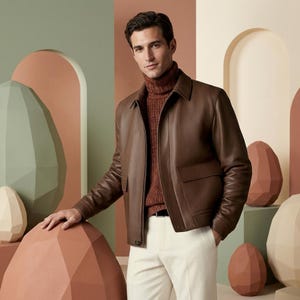 Puede incluir: Chaqueta de cuero marrón con cuello y dos bolsillos delanteros. Se combina con un jersey de cuello alto marrón y pantalones color crema. El fondo presenta formas geométricas en varios colores.