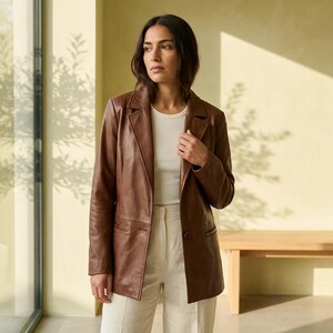 Brown Leather Blazer Women Vintage Style Faux Fitted Jacket Outerwear Minimalist Fall Fashion Casual Chic Button Up Warm Coat Premium Gift