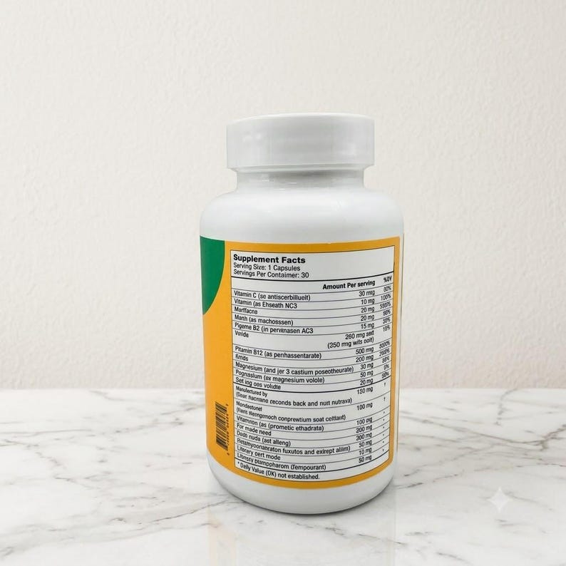 Puede incluir: Un frasco de suplemento de pl&aacute;stico blanco con una etiqueta amarilla y verde que presenta una tabla de informaci&oacute;n nutricional. La etiqueta enumera el tama&ntilde;o de la porci&oacute;n y varios ingredientes con sus cantidades por porci&oacute;n impresas.