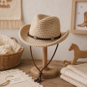 Könnte beinhalten: Ein gehäkelter Cowboyhut in hellem Beige, mit einem braunen Band und sternförmigen Verzierungen. Der Hut wird auf einem Holzständer mit einem braunen Kinnriemen präsentiert. Handgefertigt.
