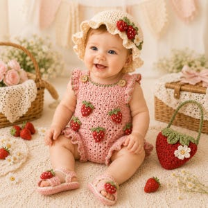 Op de afbeelding: Een baby draagt een handgemaakt gehaakt outfit, inclusief een roze romper versierd met aardbeienapplicaties, bijpassende sandalen en een zonnehoed. Er is ook een kleine rode gehaakte tas in de vorm van een aardbei aanwezig.