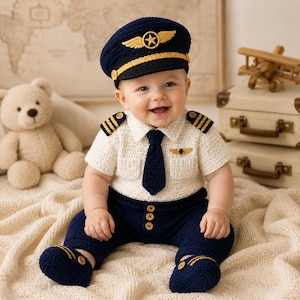 May include: A baby wearing a navy blue crochet pilot outfit, including a cap with gold wings and star, a white shirt with epaulets and a tie, and matching pants and booties. The outfit has gold accents and buttons.