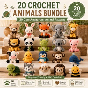May include: A collection of 20 crochet amigurumi animals, including a bear, bunny, fox, elephant, giraffe, lion, panda, frog, koala, pig, cow, chick, penguin, monkey, whale, turtle, husky, sheep, hedgehog, and bee. The image includes the text "20 Crochet Animals Bundle".