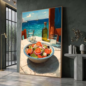 Mediterranean Salad Coastal Kitchen Canvas, Summer Food Art, Sea View Dining Scene Print