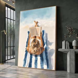 Woman Reading Beach Towel Canvas Art, Coastal Seaside Wall Decoration Print