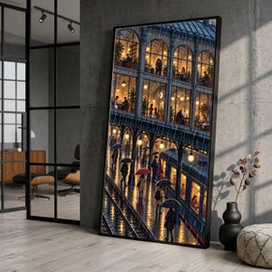 Quadro em tela com cena urbana aconchegante de estação de trem em uma noite chuvosa (pronto para pendurar)